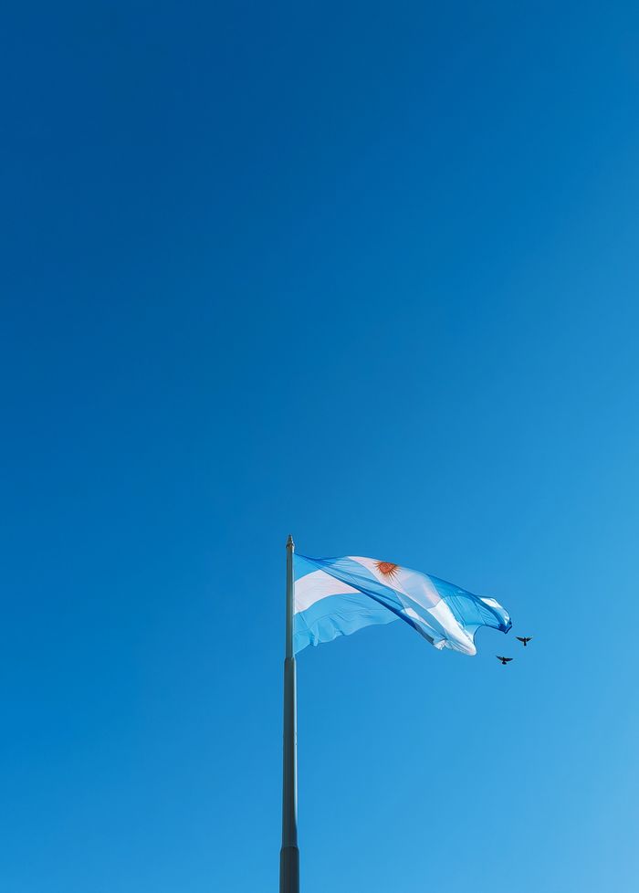 The Argentine flag flutters on a flagpole with a vivid blue sky backdrop in Buenos Aires.